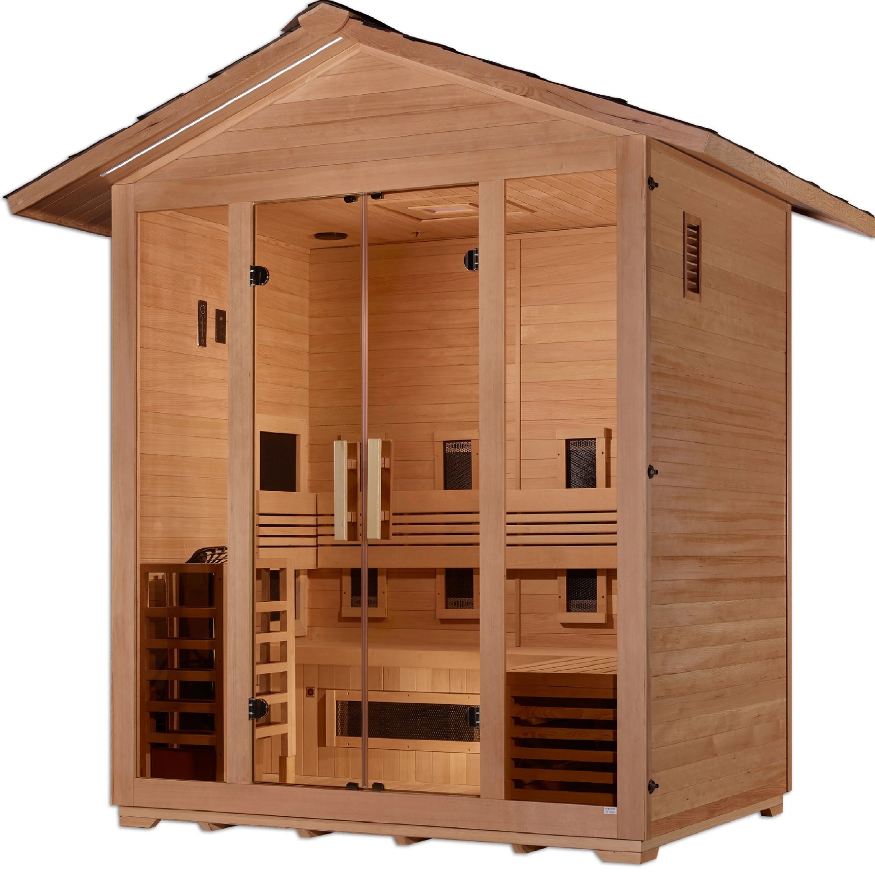 GOLDEN DESIGNS "GARGELLEN" 5 PERSON HYBRID (PURETECH™ FULL SPECTRUM IR OR TRADITIONAL STOVE) OUTDOOR SAUNA - CANADIAN HEMLOCK