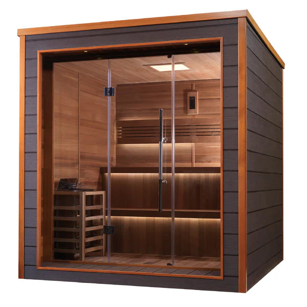 GOLDEN DESIGNS BERGEN 6 PERSON OUTDOOR-INDOOR TRADITIONAL SAUNA CANADIAN RED CEDAR INTERIOR