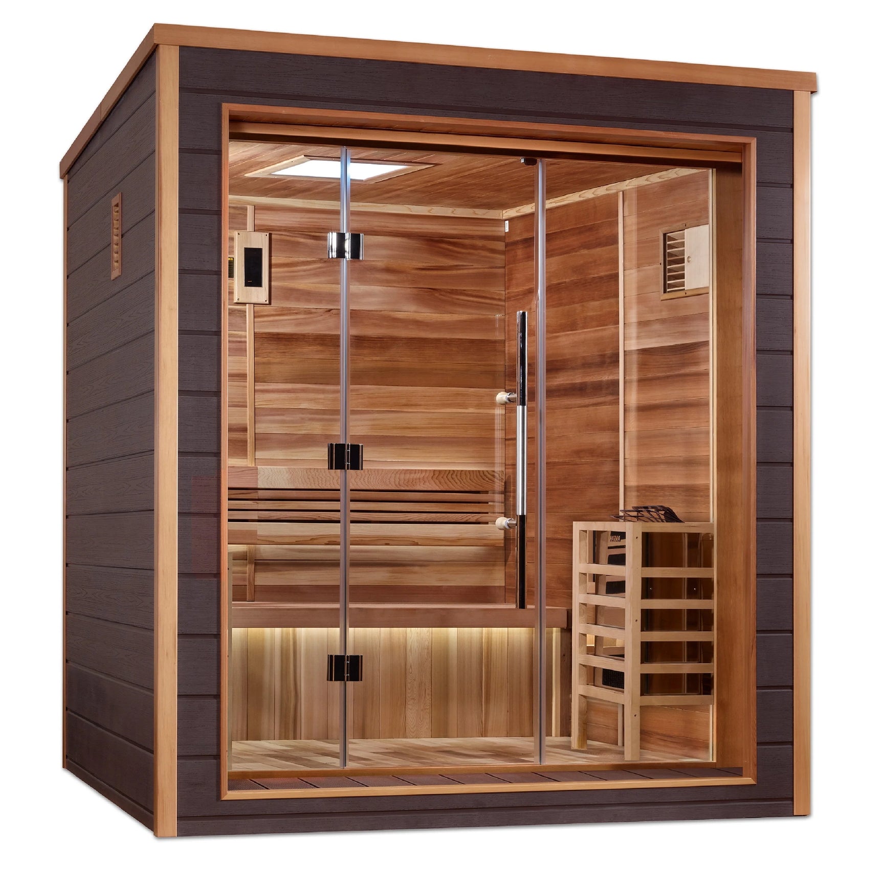 GOLDEN DESIGNS DRAMMEN 3 PERSON OUTDOOR-INDOOR TRADITIONAL SAUNA CANADIAN RED CEDAR INTERIOR