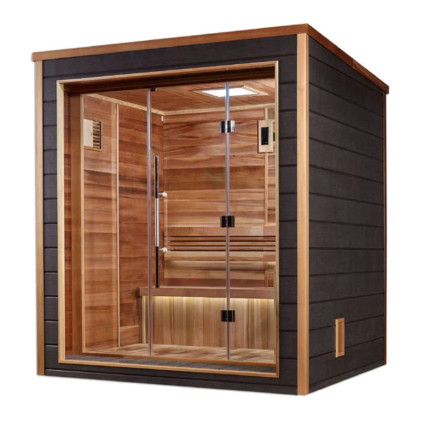 GOLDEN DESIGNS DRAMMEN 3 PERSON OUTDOOR-INDOOR TRADITIONAL SAUNA CANADIAN RED CEDAR INTERIOR