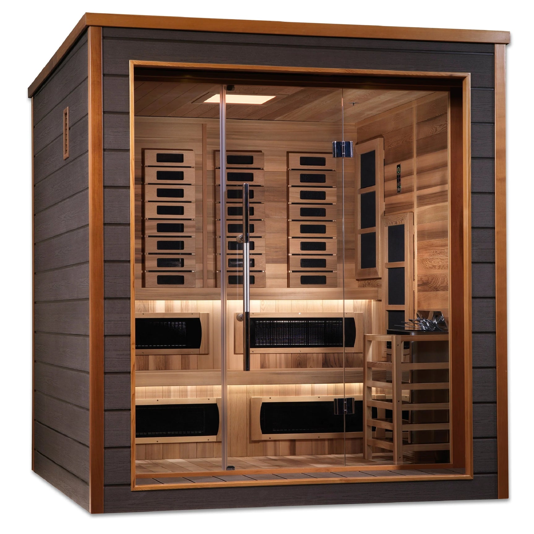 GOLDEN DESIGNS KARLSTAD 6 PERSON OUTDOOR-INDOOR PURETECH™ HYBRID FULL SPECTRUM SAUNA CANADIAN RED CEDAR INTERIOR