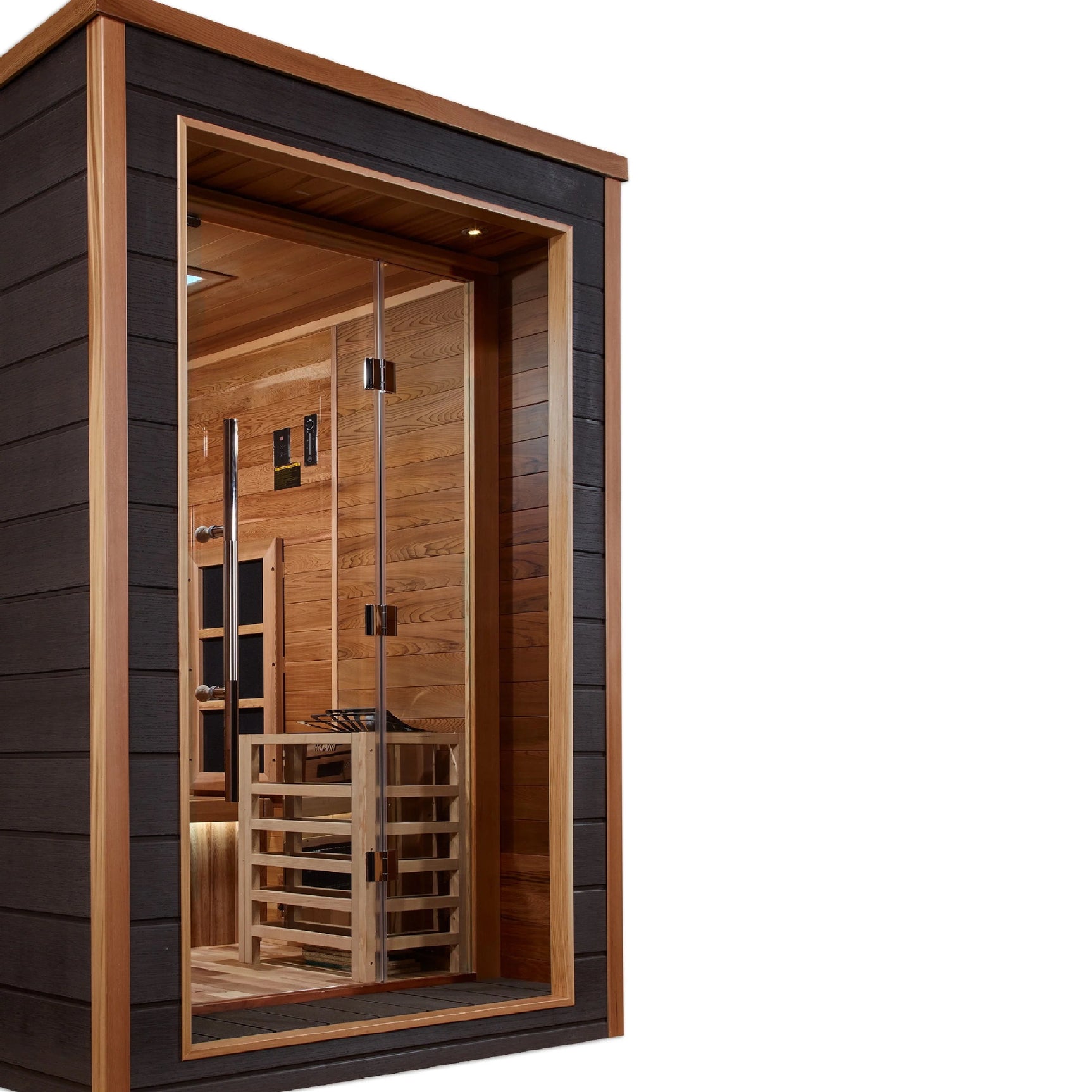 GOLDEN DESIGNS KARLSTAD 6 PERSON OUTDOOR-INDOOR PURETECH™ HYBRID FULL SPECTRUM SAUNA CANADIAN RED CEDAR INTERIOR