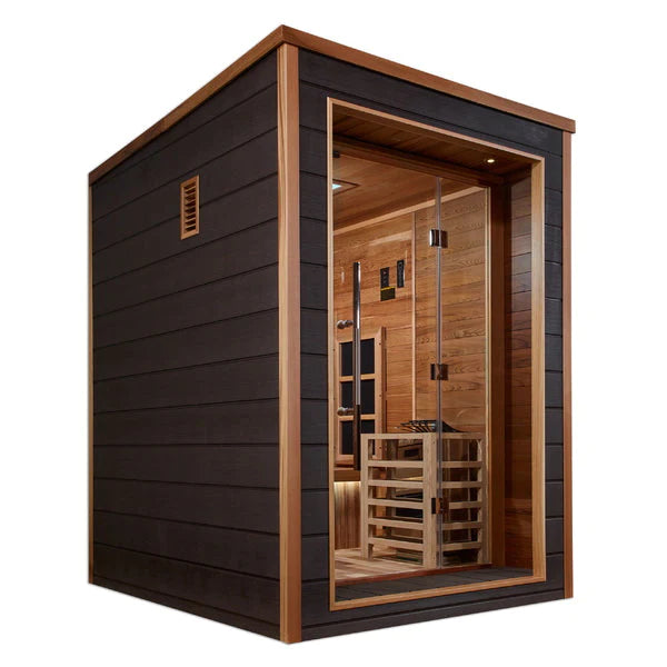 GOLDEN DESIGNS NORA 2 PERSON OUTDOOR-INDOOR PURETECH™ HYBRID FULL SPECTRUM SAUNA CANADIAN RED CEDAR INTERIOR