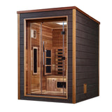 GOLDEN DESIGNS NORA 2 PERSON OUTDOOR-INDOOR PURETECH™ HYBRID FULL SPECTRUM SAUNA CANADIAN RED CEDAR INTERIOR