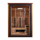 GOLDEN DESIGNS NORA 2 PERSON OUTDOOR-INDOOR PURETECH™ HYBRID FULL SPECTRUM SAUNA CANADIAN RED CEDAR INTERIOR