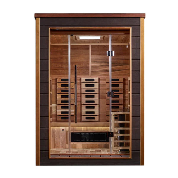 GOLDEN DESIGNS NORA 2 PERSON OUTDOOR-INDOOR PURETECH™ HYBRID FULL SPECTRUM SAUNA CANADIAN RED CEDAR INTERIOR