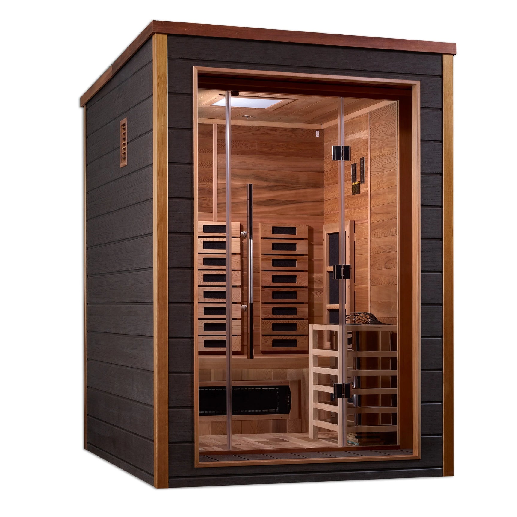 GOLDEN DESIGNS NORA 2 PERSON OUTDOOR-INDOOR PURETECH™ HYBRID FULL SPECTRUM SAUNA CANADIAN RED CEDAR INTERIOR