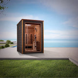 GOLDEN DESIGNS NORA 2 PERSON OUTDOOR-INDOOR PURETECH™ HYBRID FULL SPECTRUM SAUNA CANADIAN RED CEDAR INTERIOR