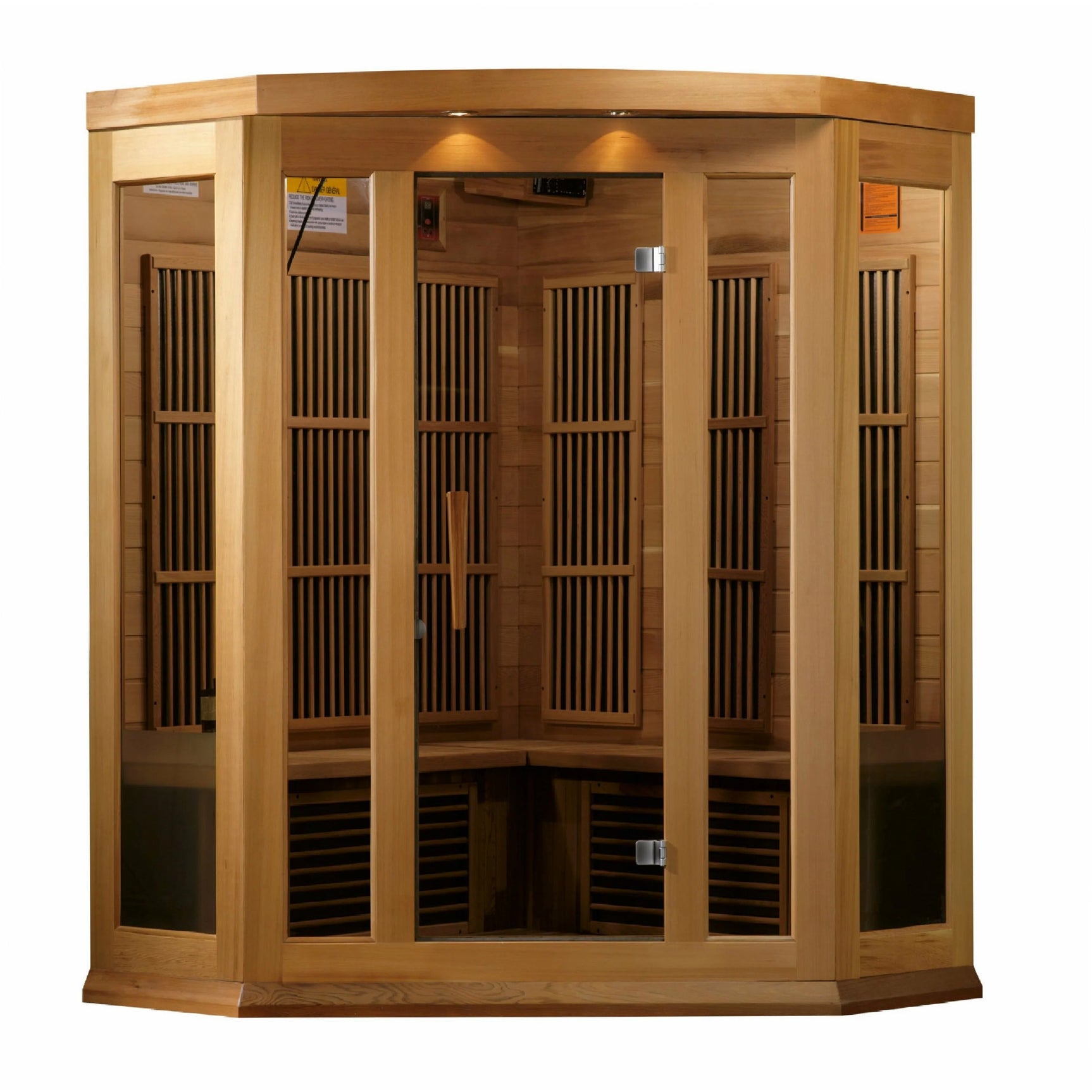 GOLDEN DESIGNS MAXXUS 3-PERSON CORNER NEAR ZERO EMF (UNDER 2MG) FAR INFRARED SAUNA (CANADIAN RED CEDAR)