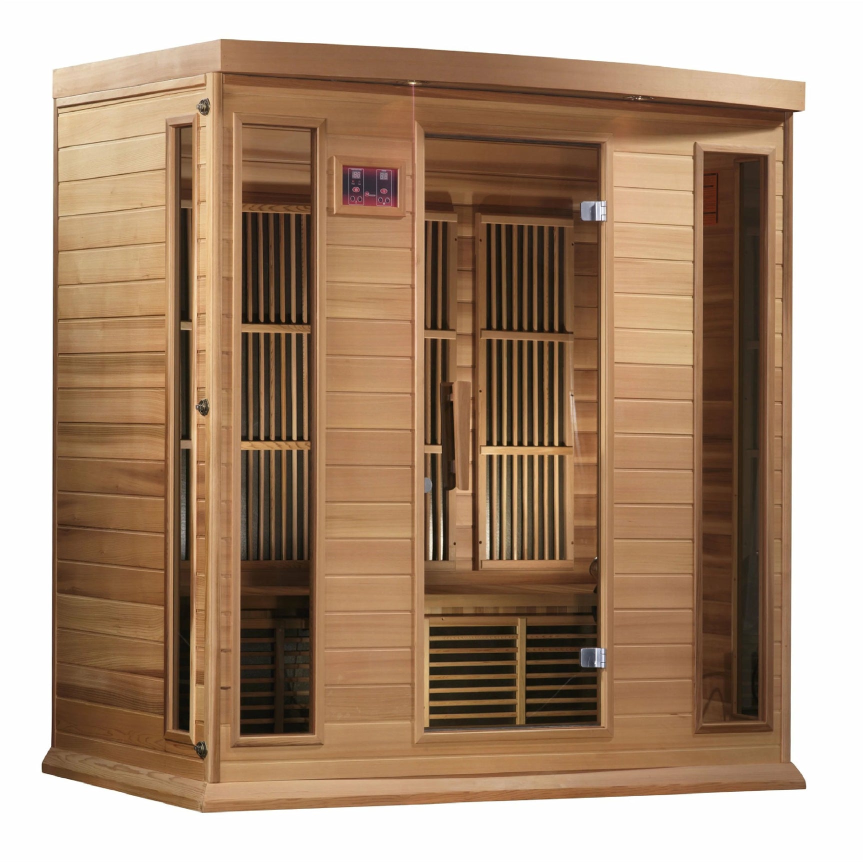 GOLDEN DESIGNS MAXXUS 4-PERSON CORNER NEAR ZERO EMF (UNDER 2MG) FAR INFRARED SAUNA (CANADIAN RED CEDAR)