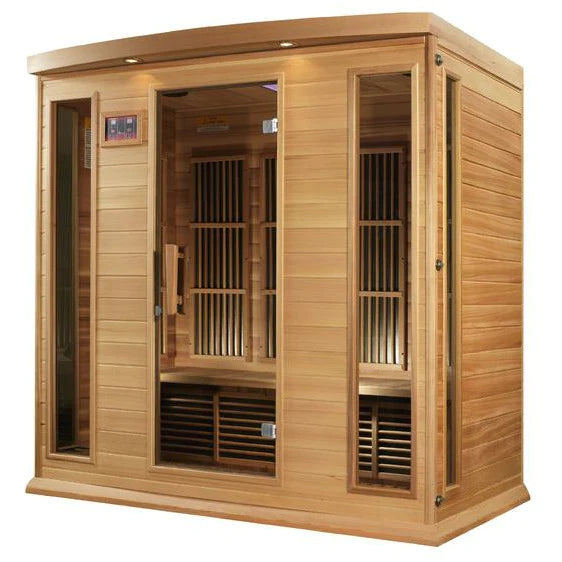 GOLDEN DESIGNS MAXXUS 4-PERSON CORNER NEAR ZERO EMF (UNDER 2MG) FAR INFRARED SAUNA (CANADIAN RED CEDAR)